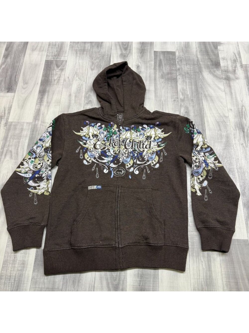 ✅Womens M Ecko Unltd Full Zip Graphic Hoodie Rhino Skull Y2K Brown Streetwear